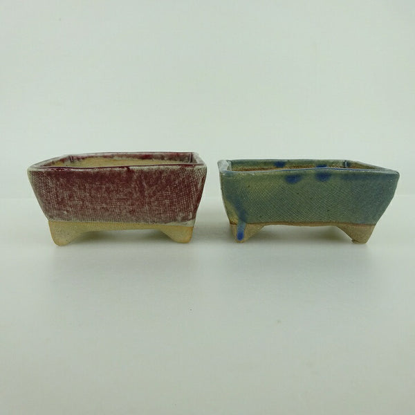 盆栽鉢 ゆうき祥石 2点セット 小鉢 長辺 約8.5cm 長方鉢 赤 水色 釉薬  新品 k1198408235