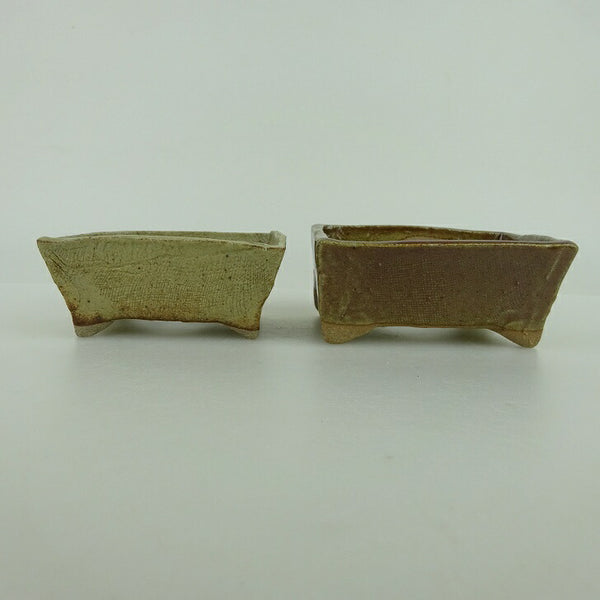 盆栽鉢 ゆうき祥石 2点セット 小鉢 長辺 約8.3cm 長方鉢 ベージュ 茶 釉薬  新品 n1198408480