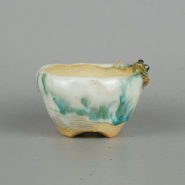 盆栽鉢 正志 古本正志 小鉢 長辺 約7.5cm 丸鉢 蛙付 かえる カエル 釉薬 観賞用  新品 o1198430200