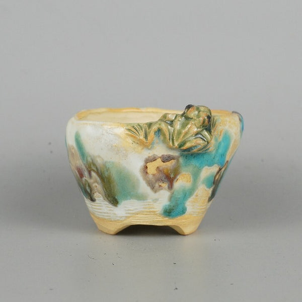 盆栽鉢 正志 古本正志 小鉢 長辺 約7.5cm 丸鉢 蛙付 かえる カエル 釉薬 観賞用  新品 w1198409228