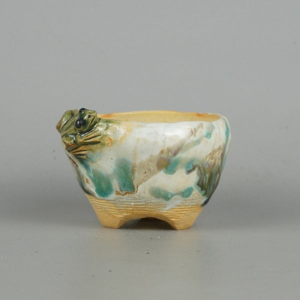盆栽鉢 正志 古本正志 小鉢 長辺 約7.5cm 丸鉢 蛙付 かえる カエル 釉薬 観賞用  新品 k1198408044