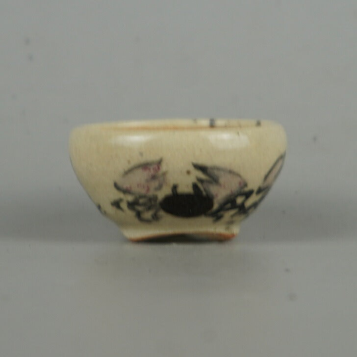 盆栽鉢 是好 矩 豆鉢 長辺 3.3cm 丸鉢 色絵 蟹 かに 盆栽鉢 是好 矩 豆