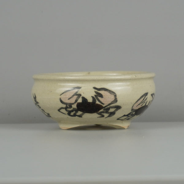 盆栽鉢 是好 矩 小鉢 長辺 約 8.3cm 丸鉢 色絵 蟹 かに カニ 観賞用  新品 b1198415398