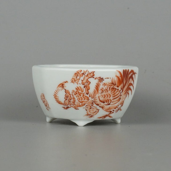 盆栽鉢 春嘉 はるよし 小鉢 長辺 約8cm 八角鉢 赤絵 矮鶏 チャボ 鶏 鳥 観賞用  新品 m1198407874