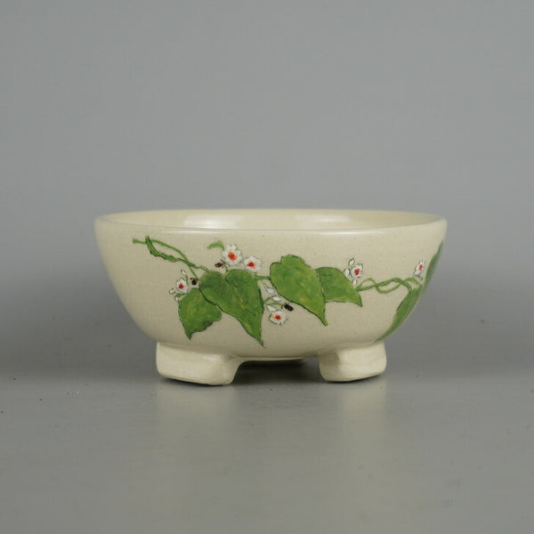 盆栽鉢 蝉山 小型 長辺 約 12.8cm 丸鉢 色絵 花 小花 ツル 植物 観賞用  新品 v1198435390