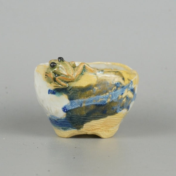 盆栽鉢 正志 古本正志 小鉢 長辺 約7cm 丸鉢 蛙付 かえる カエル 釉薬 観賞用  新品 j1198415263