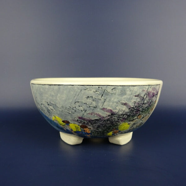 盆栽鉢 蝉山 小型 長辺 約15cm 丸鉢 色絵 風景 観賞用  新品 c1198410510