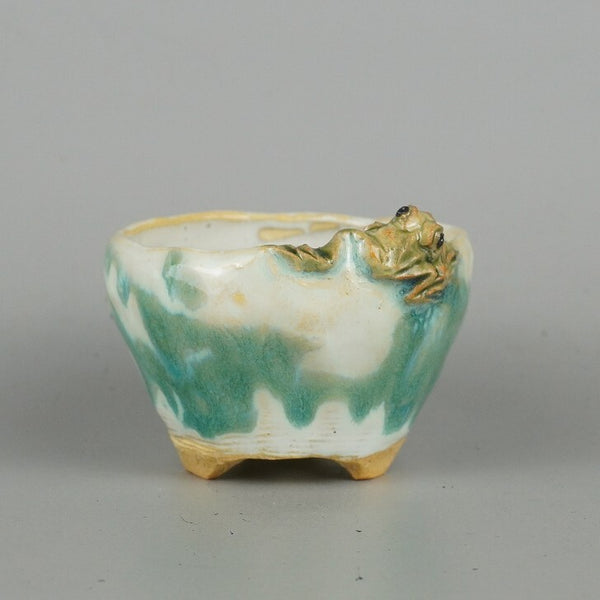 盆栽鉢 正志 古本正志 小鉢 長辺 約7.5cm 丸鉢 蛙付 かえる カエル 釉薬 観賞用  新品 n1198408181