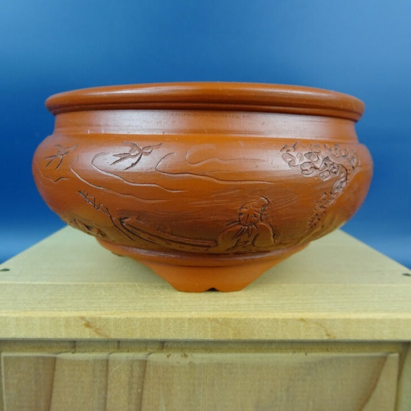 中古盆栽鉢 庄八 小鉢 長辺 約9.7cm 丸鉢 袋式 釘彫 人物 鳥 風景画 漢文 箱付 観賞用  中古鉢 n1198406145