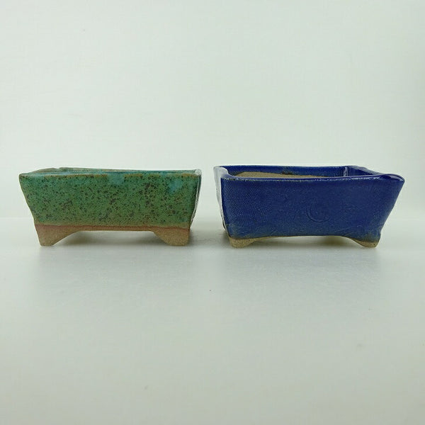盆栽鉢 ゆうき祥石 2点セット 小鉢 長辺 約8cm 長方鉢 緑 青 釉薬 観賞用  新品 f1198416100