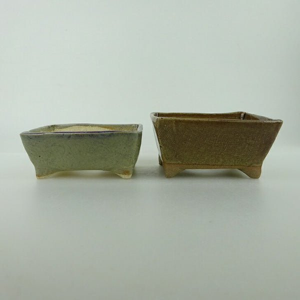 盆栽鉢 ゆうき祥石 2点セット 小鉢 長辺 約8.8cm 長方鉢 グレー 茶 釉薬  新品 b1198420624