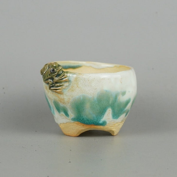 盆栽鉢 正志 古本正志 小鉢 長辺 約7.5cm 丸鉢 蛙付 かえる カエル 釉薬 観賞用  新品 b1198420072