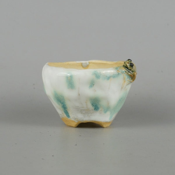 盆栽鉢 正志 古本正志 小鉢 長辺 約7.5cm 丸鉢 蛙付 かえる カエル 釉薬 観賞用  新品 o1198424470