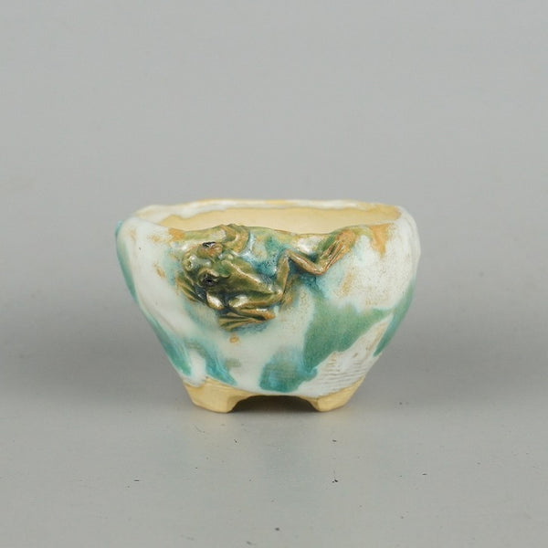 盆栽鉢 正志 古本正志 小鉢 長辺 約7.5cm 丸鉢 蛙付 かえる カエル 釉薬 観賞用  新品 r1198406682