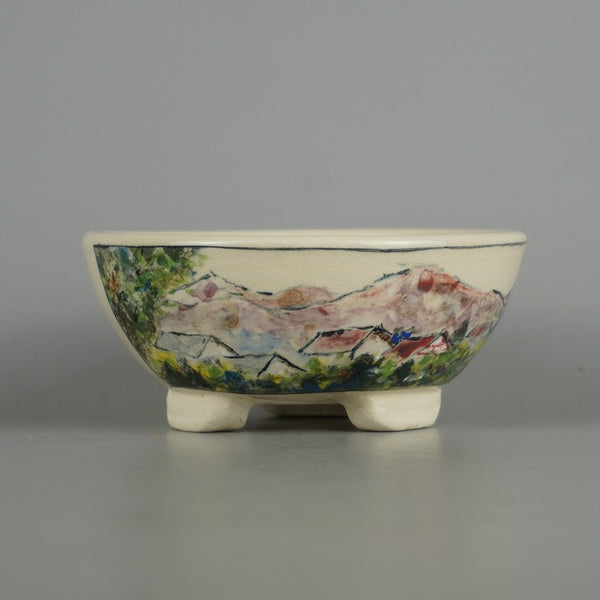 盆栽鉢 蝉山 小型 長辺 約 12.5cm 丸鉢 色絵 山水図 観賞用  新品 v1198440460