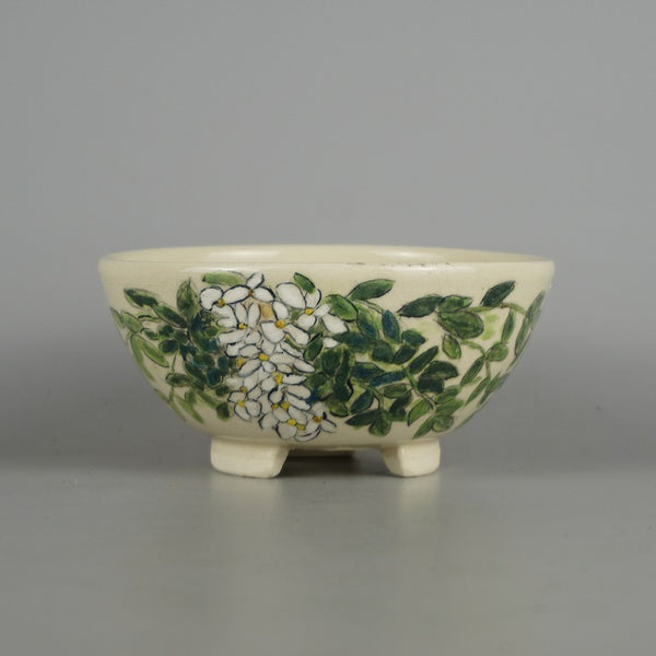 盆栽鉢 蝉山 小型 長辺 約 12.5cm 丸鉢 色絵 花 白花 植物 観賞用  新品 b1198422965