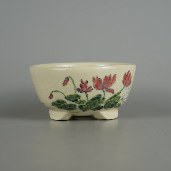 盆栽鉢 蝉山 小型 長辺 約 11.5cm 丸鉢 色絵 花 はな ハナ 植物 観賞用  新品 v1198443154