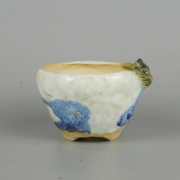 盆栽鉢 正志 古本正志 小鉢 長辺 約8.3cm 丸鉢 蛙付 かえる カエル 釉薬 観賞用  新品 e1198411623