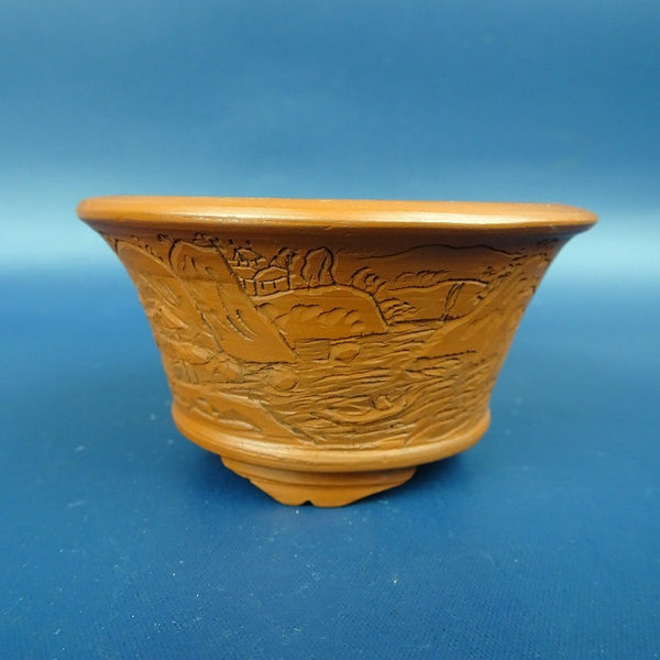 盆栽鉢 庄八 小鉢 長辺 約7.3cm 丸鉢 外縁 下帯 彫入 風景 山水図  新品鉢 v1198438775