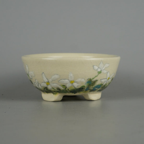 盆栽鉢 蝉山 小型 長辺 約 12.5cm 丸鉢 色絵 花 白花 植物 観賞用  新品 m1198408774