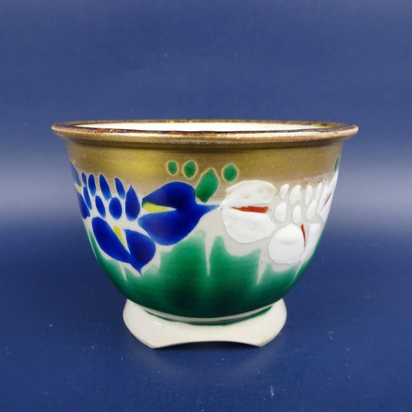 盆栽鉢 九谷 廣仙 小鉢 長辺 約9.2cm 丸鉢 外縁 色絵 花  新品 b1198415696