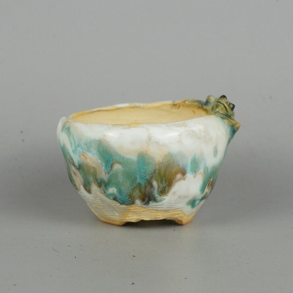 盆栽鉢 正志 古本正志 小鉢 長辺 約7.5cm 丸鉢 蛙付 かえる カエル 釉薬 観賞用  新品 c1198407935