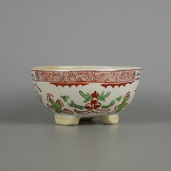 盆栽鉢 蝉山 小型 長辺 約 12cm 丸鉢 色絵 植物 模様 観賞用  新品 u1198431950