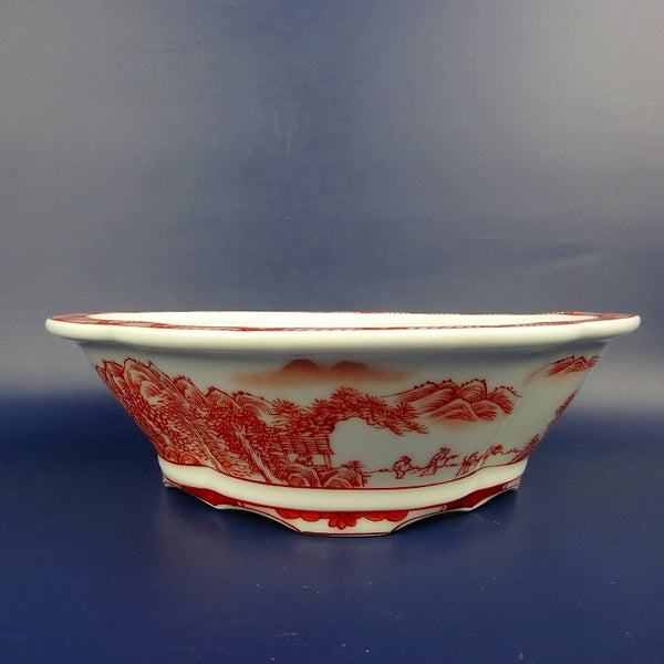 盆栽鉢 は二わ オリジナル鉢 中型 長辺 約21cm 木瓜鉢 赤絵 山水 人物図 外縁  新品 s1198419202
