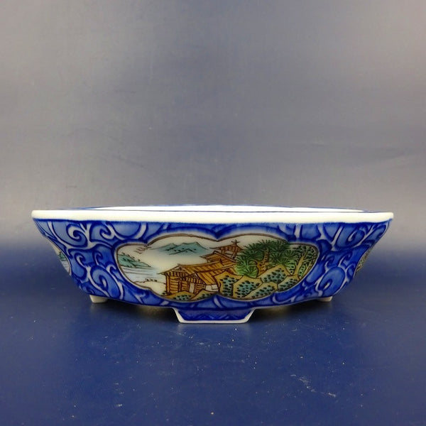 盆栽鉢 は二わ オリジナル鉢 小型 長辺 約15.2cm 木瓜鉢 色絵 窓抜 山水図 風景画  新品 m1198405891