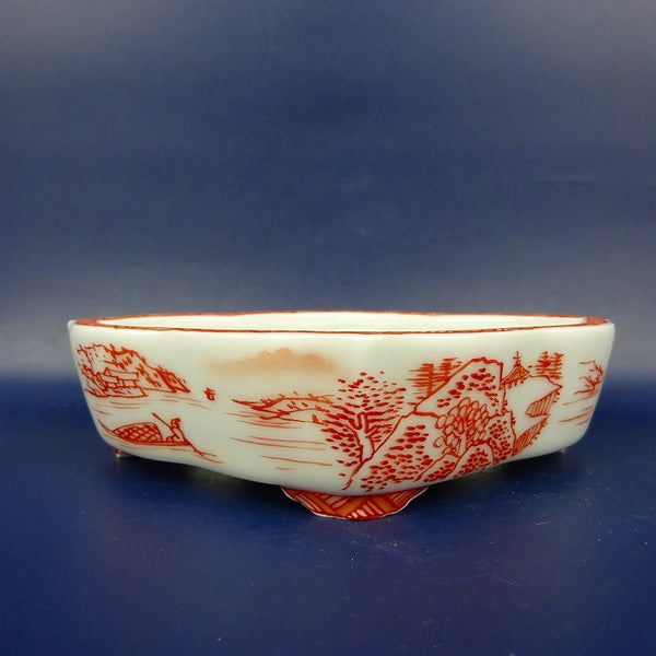 盆栽鉢 は二わ オリジナル鉢 小型 長辺 約13.5cm 剣木瓜鉢 赤絵 風景画  新品 j1198412834