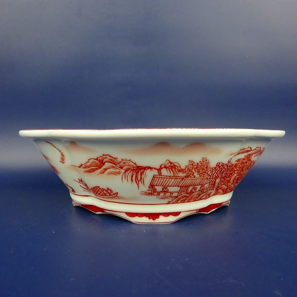 盆栽鉢 は二わ オリジナル鉢 中型 長辺 約21cm 木瓜鉢 赤絵 山水 風景画 外縁 観賞用  新品 h1198422984