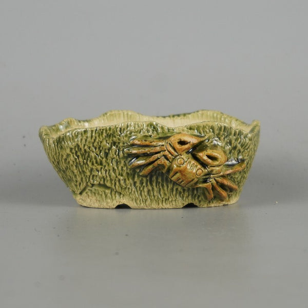 盆栽鉢 卓道 小鉢 長辺 約 8.8cm 変形 楕円鉢 蟹付 かに カニ 釉薬 観賞用  新品 v1198436436