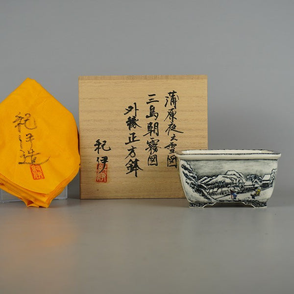 盆栽鉢 紀伊 小型 長辺 約11cm 長方鉢 外縁 浦原夜の雪 三島朝霧図 共箱 共布 観賞用  新品 o1198425280