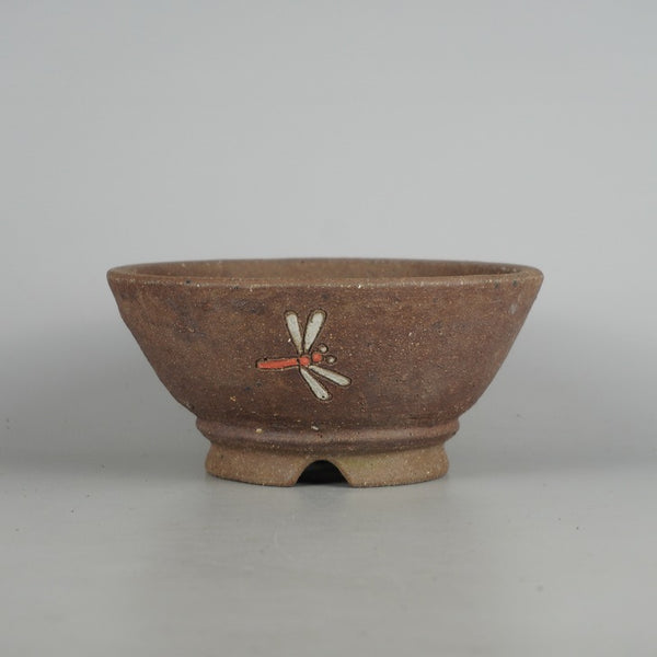 盆栽鉢 文山 越前文山 小型 長辺 約 18cm 鯖江園芸 丸鉢 下帯 色絵 蜻蛉 とんぼ トンボ 泥物 観賞用 1198409310