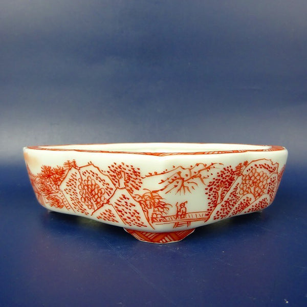 盆栽鉢 は二わ オリジナル鉢 小型 長辺 約13.5cm 剣木瓜鉢 赤絵 風景画 観賞用  新品 b1198422162