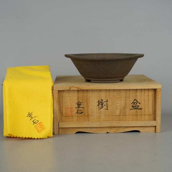 盆栽鉢 重石 斉藤重石 小型 長辺 約13cm 丸鉢 外縁 下帯 泥物 共箱 共布 観賞用 g1198422511