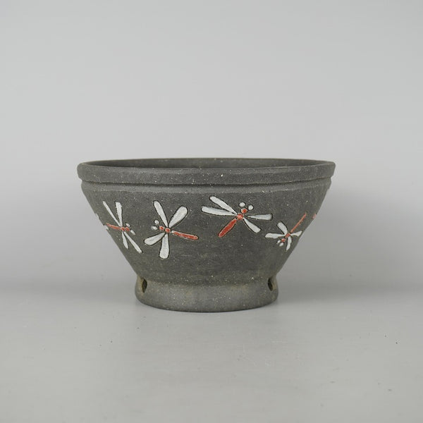 盆栽鉢 文山 越前文山 中型 長辺 約 21.5cm 鯖江園芸 丸鉢 色絵 蜻蛉 とんぼ トンボ 観賞用  新品 o1198429205