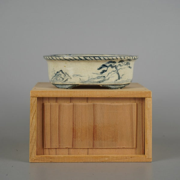 中古 盆栽鉢 清水 利重 小型 長辺 約10.5cm 楕円鉢 外縁 染付 山水図 箱付 観賞用  中古鉢 u1198425896