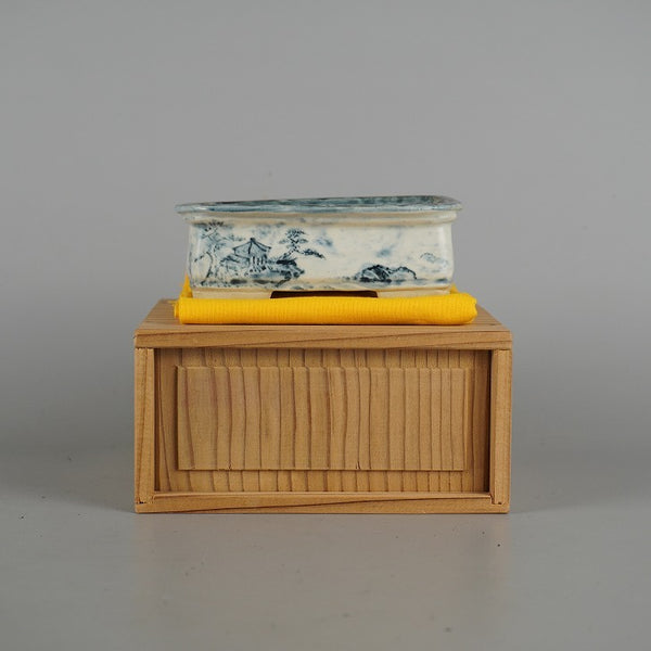 中古盆栽鉢 嶋山 小型 長辺 約11.8cm 長方鉢 染付 山水図 箱付 布付 観賞用  中古鉢 j1198410992