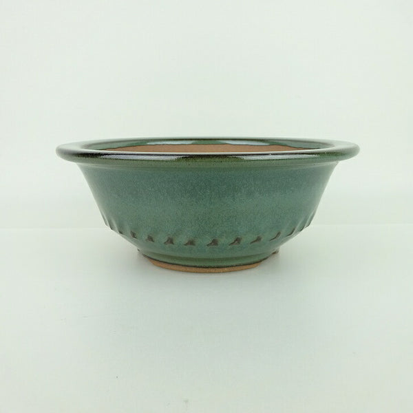 盆栽鉢 小石原焼 小型 長辺 約18.3cm 丸鉢 外縁 緑釉 釉薬 観賞用  新品 1198409558