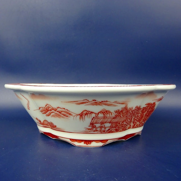 盆栽鉢 は二わ オリジナル鉢 中型 長辺 約21.1cm 木瓜鉢 赤絵 風景画 観賞用  新品 b1198416297