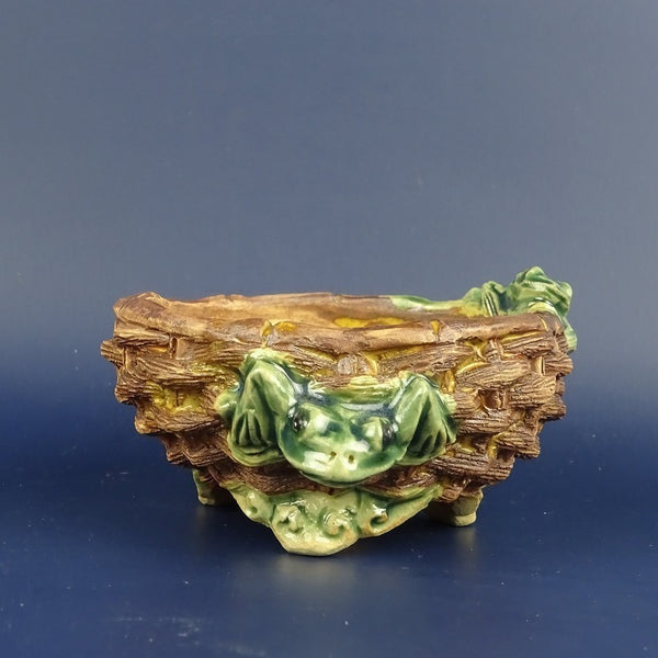 盆栽鉢 正志 古本正志 小型 長辺 約 10.5cm 楕円鉢 雲足 蛙 カエル 編み鉢 釉薬 箱付 観賞用  新品 r1198407874