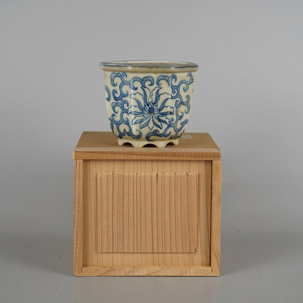 中古 盆栽鉢 陶雀 小鉢 長辺 約 9cm 八角鉢 外縁 染付 花 はな ハナ 植物 箱付 観賞用  中古鉢 1198407915
