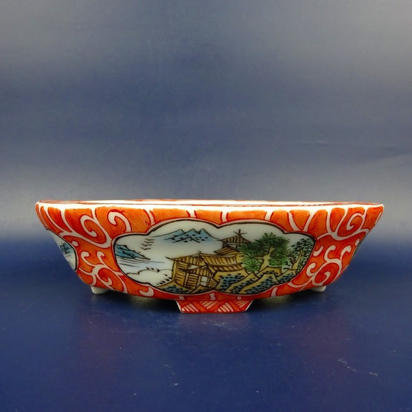 盆栽鉢 は二わ オリジナル鉢 小型 長辺 約15.2cm 木瓜鉢 色絵 風景画 山水図 観賞用  新品 u1198423439