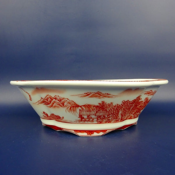 盆栽鉢 は二わ オリジナル鉢 中型 長辺 約21cm 木瓜鉢 赤絵 山水 風景画 外縁 観賞用  新品 x1198409892