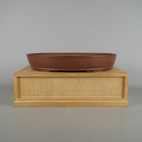 中古盆栽鉢 平安 香翁 中型 長辺 約27.3cm 楕円鉢 切立 段足 下紐 朱泥 泥物 箱付 観賞用  中古鉢 x1198413418