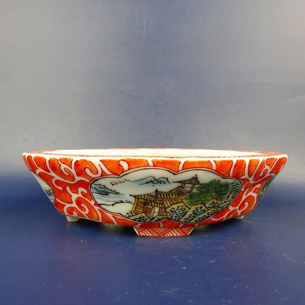 盆栽鉢 は二わ オリジナル鉢 小型 長辺 約15.5cm 木瓜鉢 色絵 風景画  新品 u1198427876