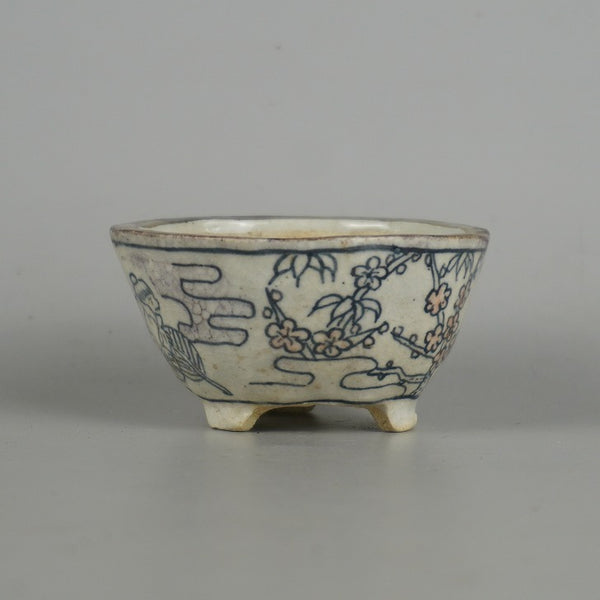 中古盆栽鉢 勝山 小鉢 長辺 約7.9cm 丸鉢 染付 花 笹 竹 風景 人物 箱付 布付 観賞用  中古鉢 x1198410837