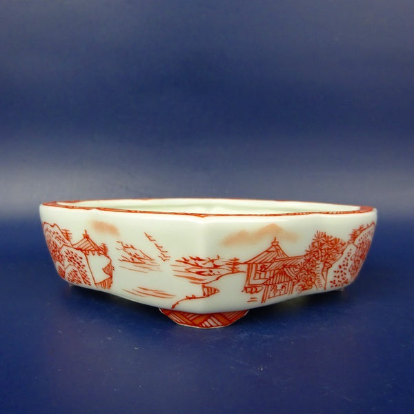 盆栽鉢 は二わ オリジナル鉢 小型 長辺 約13.4cm 剣木瓜鉢 赤絵 風景画 観賞用  新品 n1198408037
