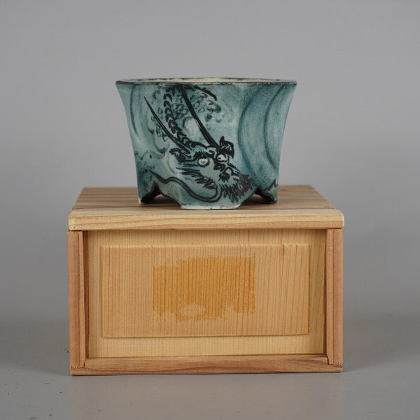 中古盆栽鉢 清水 利重 小鉢 長辺 約9.5cm 八角鉢 龍 リュウ 釉薬 箱付 観賞用  中古鉢 e1198417201